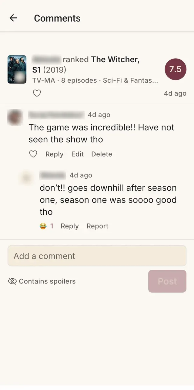 A bingd. comment thread under a ranking of The Witcher, season one, with names and faces blurred