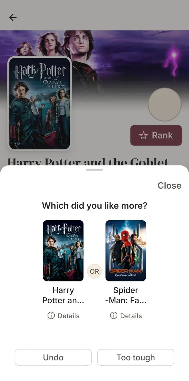 The bingd. ranking sheet asking which did you like more, Harry Potter and the Goblet of Fire or Spider-Man: Far From Home