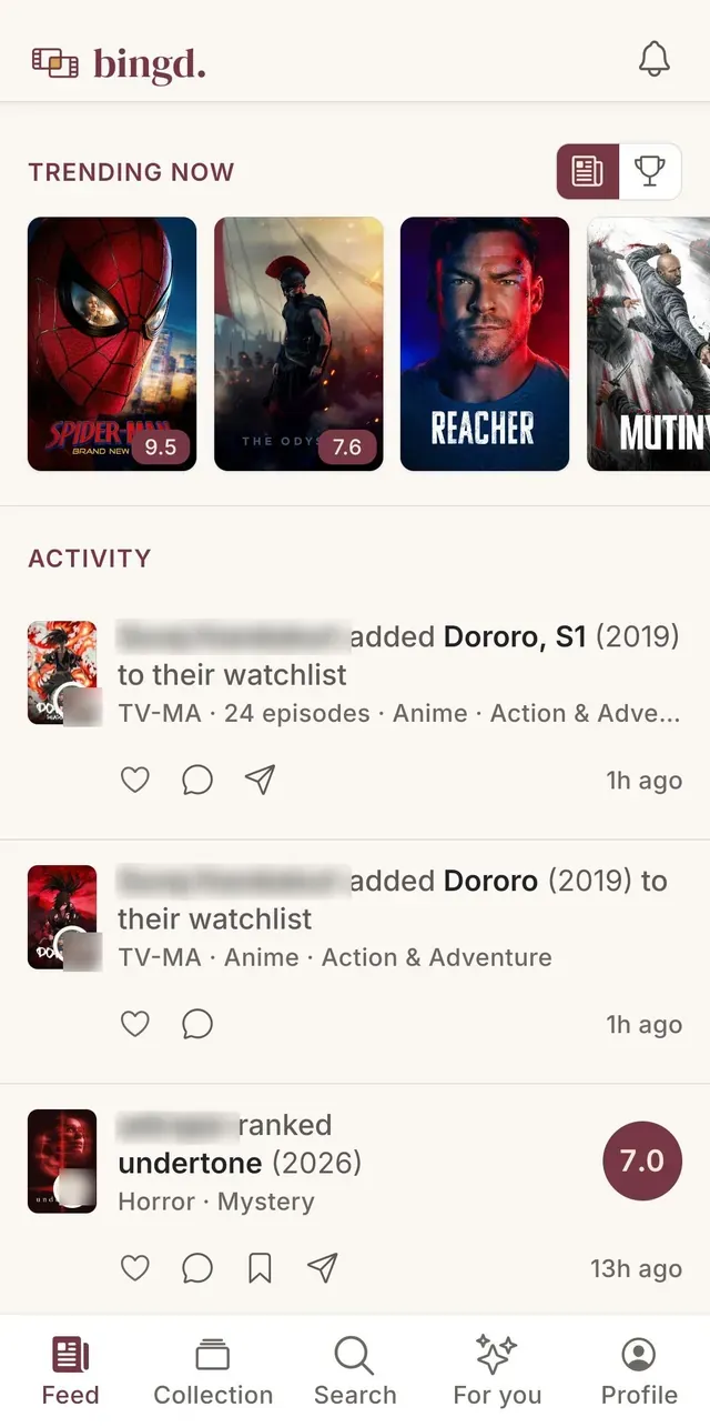 The bingd. feed, showing trending titles above friends&rsquo; recent activity, with names and faces blurred