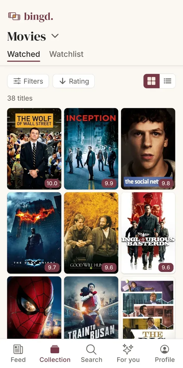 A ranked bingd. movie collection as a grid of posters, each one carrying its own score out of ten