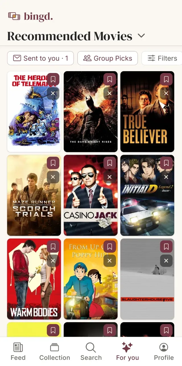 The bingd. For you tab: a wall of recommended movies, each with a save and a dismiss control, under Sent to you, Group Picks and Filters