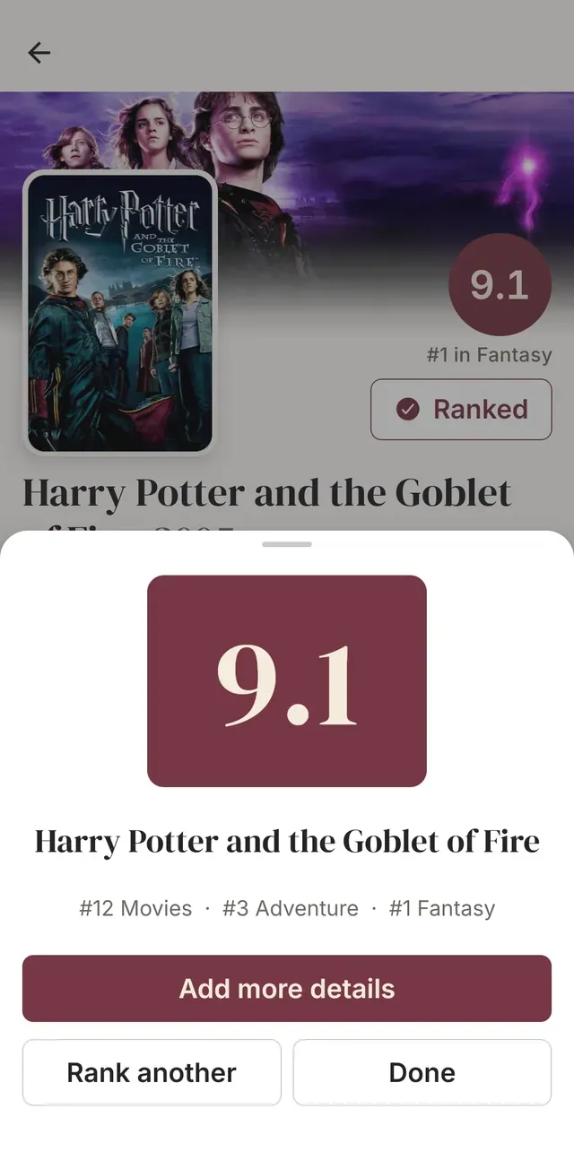 The score a bingd. ranking lands on, 9.1 for Harry Potter and the Goblet of Fire, in the sheet shown after ranking