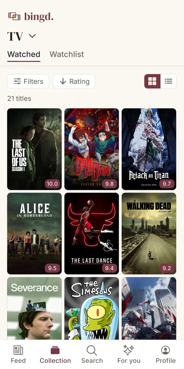 A ranked bingd. TV collection as a grid of posters, each season carrying its own score out of ten